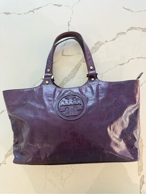 Tory Burch Deep Plum Leather Logo Tote